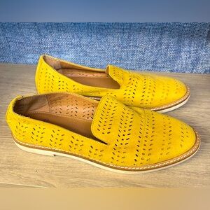 Mustard suede slip on loafers by Susina